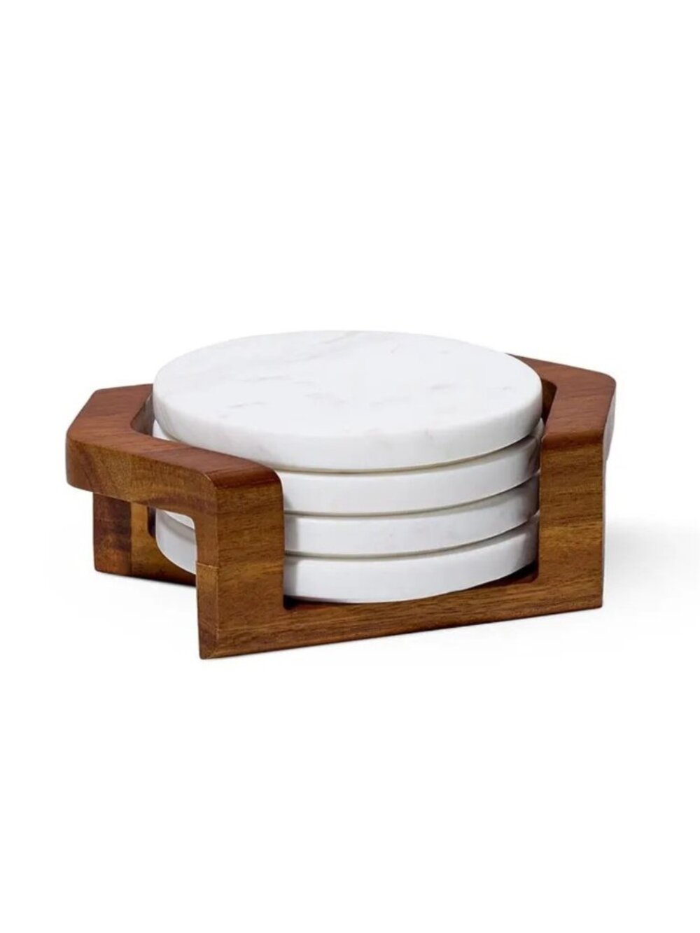 Nambe Chevron Coaster Set with Holder - White Marble & Acacia Wood